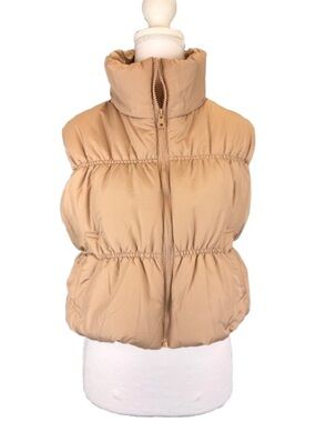 Womens Cropped Puffer Bubble Vest Khaki Tan Vest Zip Up Small NEW